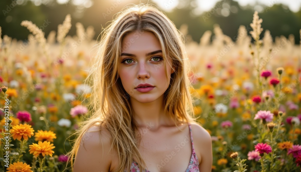 Young Woman Posing in a Vibrant Flower Field Nature Photography Beautiful Landscape Natural Light Portrait Concept Young Woman Posing in a Vibrant Flower Field Nature Photography Beautiful Landscape Natural Light Portrait Concept