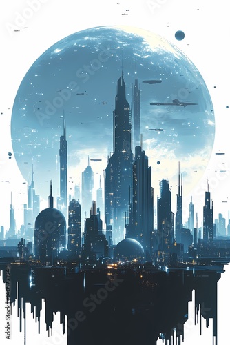 Futuristic Cityscape and Sci-Fi Architecture. Explore Dystopian Urban Landscape with Skyscrapers in Cosmic Night Sky