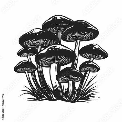 Black and White Mushroom Illustration. Wild Fungi Botanical Art for Organic Foraging in Eco-Friendly Forests