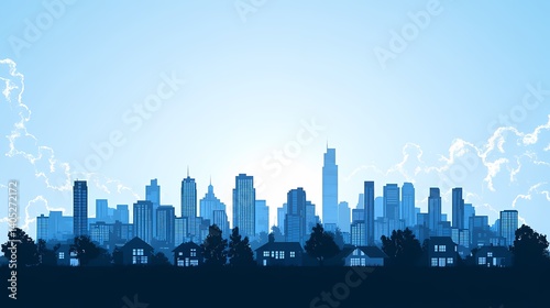 Urban Cityscape Skyline Silhouette with Modern Architecture and Blue Sky