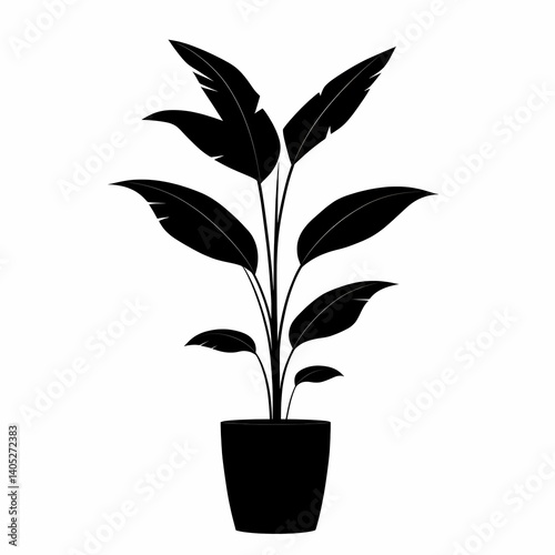 Minimalist Black and White Silhouette of Potted Plant Leaves. Modern Indoor Botanical Decor