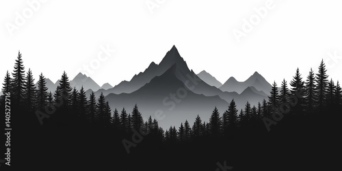 Majestic Mountain Silhouette. Black and White Landscape Photography of Forested Peaks