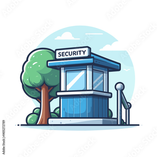 Security booth with glass windows and tree beside it. Ideal for private property protection, entrance monitoring facilities, guard station concepts, or access control illustrations.