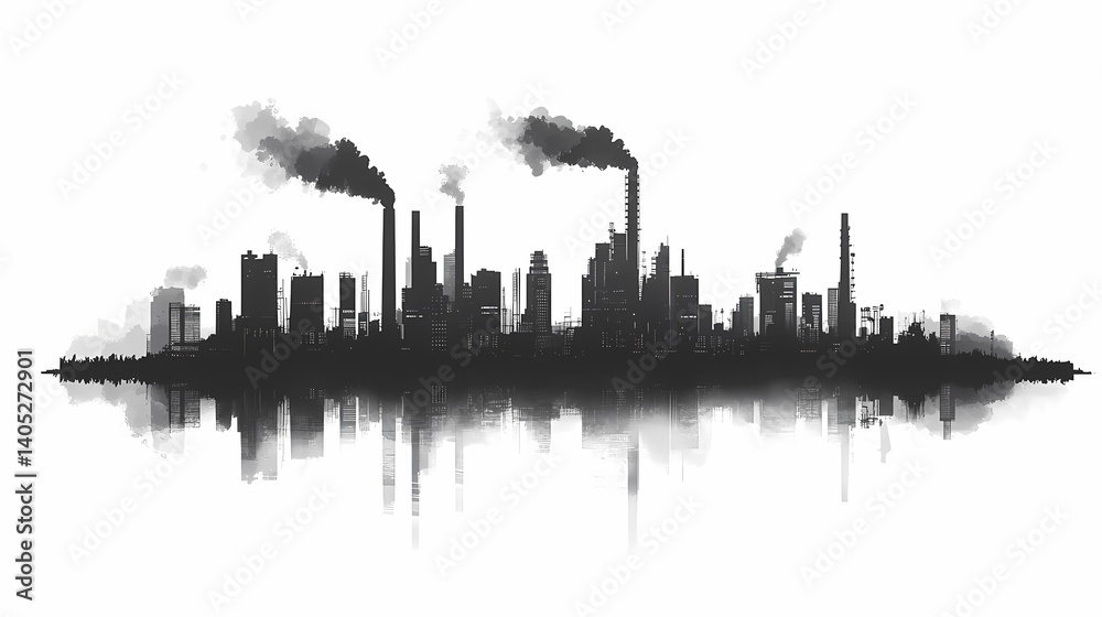 Naklejka premium Cityscape Silhouette. Industrial Pollution & Smokestacks in a Modern Business District - Exploring Environmental Issues, Carbon Emissions, and Sustainable Urban Development