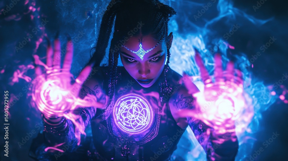 Young woman casting vibrant magic with glowing patterns on her face in a nighttime urban setting Young woman casting vibrant magic with glowing patterns on her face in a nighttime urban setting