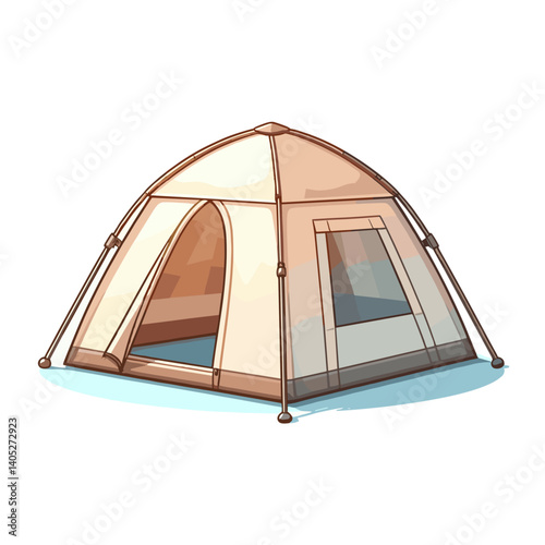 Camping tent in beige color with entrance opening. Perfect for outdoor recreation equipment, hiking gear illustrations, wilderness accommodation, or adventure tourism concepts.