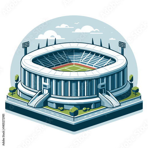 Modern sports stadium with oval field in isometric style. Perfect for sporting events, arena illustrations, and championship venue designs.