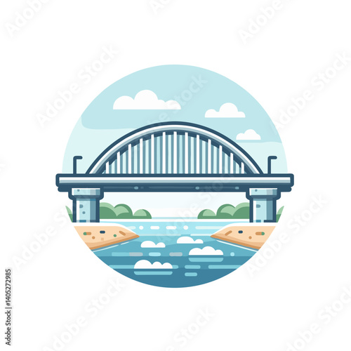 Arch bridge over water in circular frame with landscape. Ideal for civil engineering, transportation infrastructure, and scenic landmark illustrations.