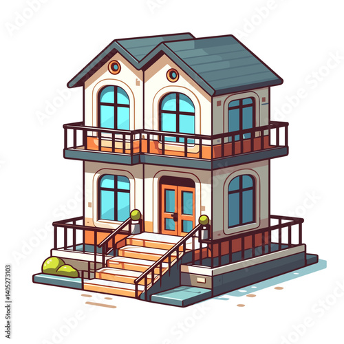 Two-story house with balconies and stairs, residential building. Ideal for real estate listings, architectural designs, home renovation services, and property development projects.