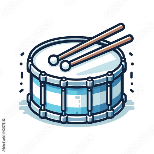 Blue drum with wooden drumsticks, percussion instrument. Perfect for music education, band equipment catalogs, rhythm instruction materials, and musical instrument collections.