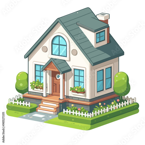 Cozy cottage house with white picket fence and green garden. Perfect for real estate listings, home ownership concepts and suburban lifestyle illustrations.