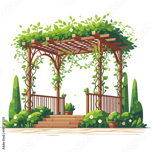 Wooden garden pergola with climbing plants and greenery. Perfect for landscape design, outdoor living spaces and garden architecture illustrations.