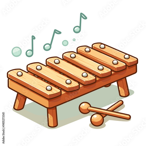 Wooden xylophone with mallets in children's musical instrument style. Perfect for early education, music learning and childhood development illustrations.
