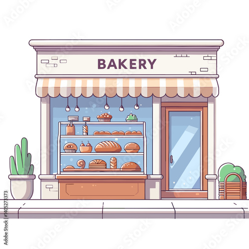 Small bakery storefront with pastry display and awning. Perfect for local business, food retail and neighborhood shop illustrations.