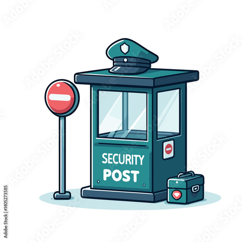 Security booth with stop sign and police hat in green professional style. Ideal for access control systems, security services, and surveillance checkpoint illustrations.