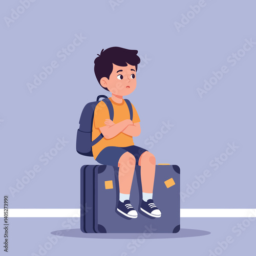 A young boy sitting on a suitcase with a backpack, expressing impatience in a minimal flat vector illustration
