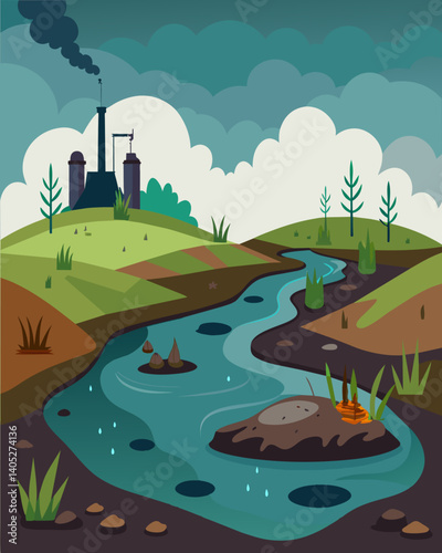 A wetland ecosystem dying due to the toxic runoff from industrial sites and coal ash dumps.. Vector illustration