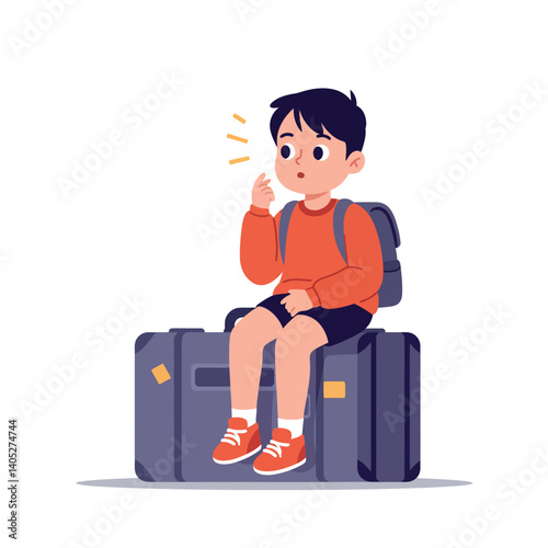 A young boy sitting on a suitcase, wearing an orange sweater and backpack, thinking curiously in a flat vector illustration
