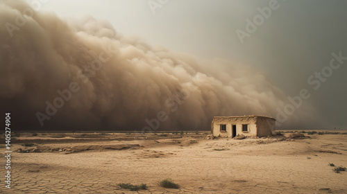a thick sandstorm engulfing a dry, abandoned village surrounded by cracked earth.