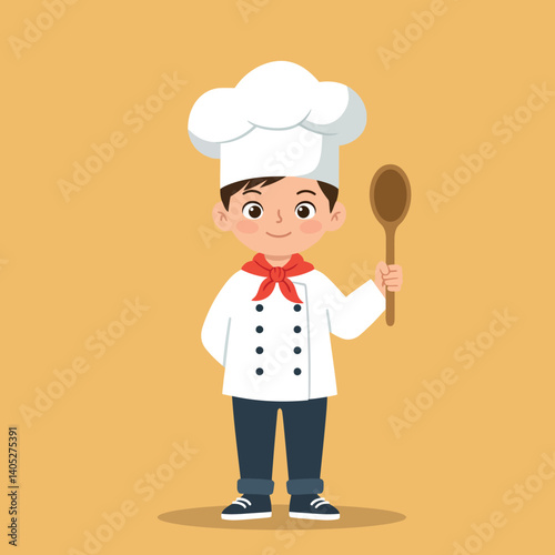 Cheerful young chef wearing a white uniform and hat, holding a wooden spoon in a flat vector illustration