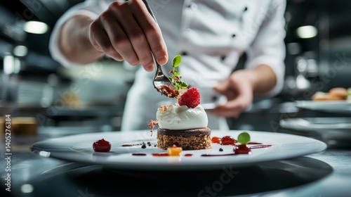 Chef plating elegant dessert in restaurant. Featuring delicate details and luxurious ingredients