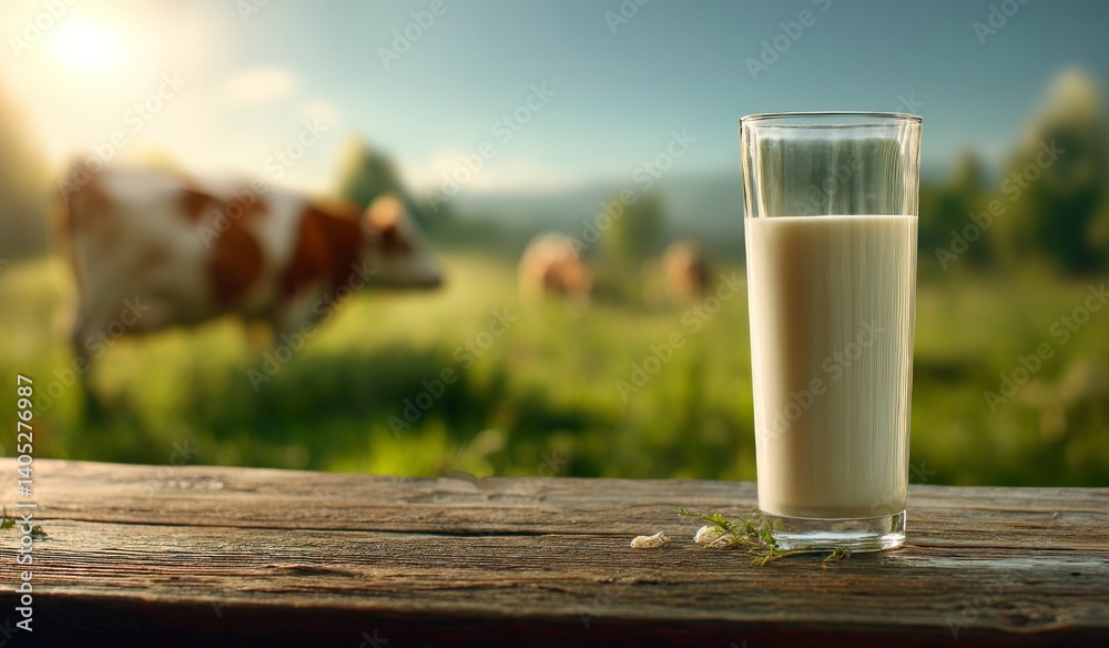Glass of Milk on Rustic Wood with Cows in Pasture Glass of Milk on Rustic Wood with Cows in Pasture