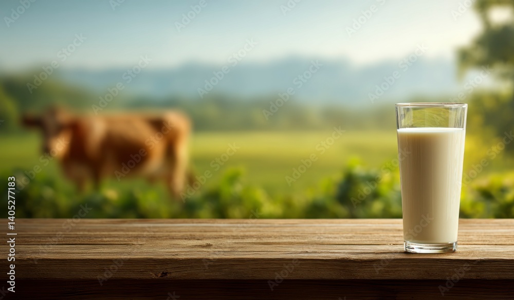 Glass of Fresh Milk on Wooden Table with Cow in Pasture Glass of Fresh Milk on Wooden Table with Cow in Pasture
