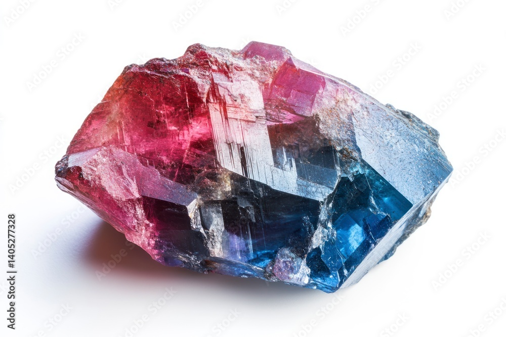 Examining Rough Crystal Stone Specimen Displaying Multicolored Zones on White Backdrop Examining Rough Crystal Stone Specimen Displaying Multicolored Zones on White Backdrop