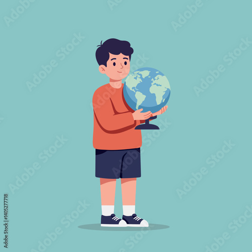A young boy holding a globe with curiosity in a flat style vector illustration showcasing education and exploration in a playful atmosphere