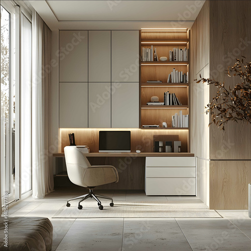 Create a spacious and minimalist home office interior suitable for families
