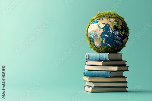 Eco-friendly globe resting on stacked books