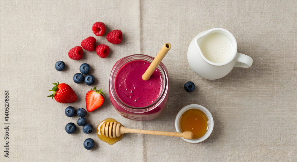 Fototapeta premium Healthy Berry Smoothie With Fresh Fruit And Natural Sweeteners For Breakfast