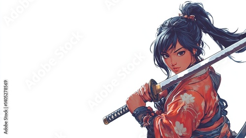 Female warrior, katana, ponytail, kimono, illustration.