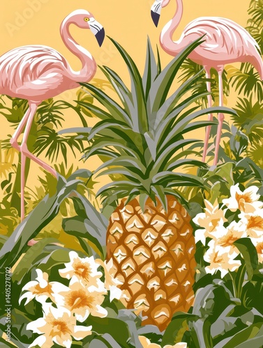Tropical pattern with pineapple and flamingo illustrations 
