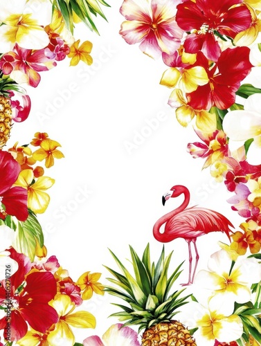 Tropical wedding invitation with pineapple and flamingo illustrations 