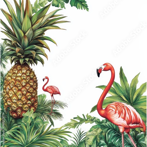 Tropical pattern with pineapple and flamingo illustrations 