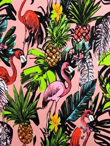 Tropical pattern with pineapple and flamingo illustrations 