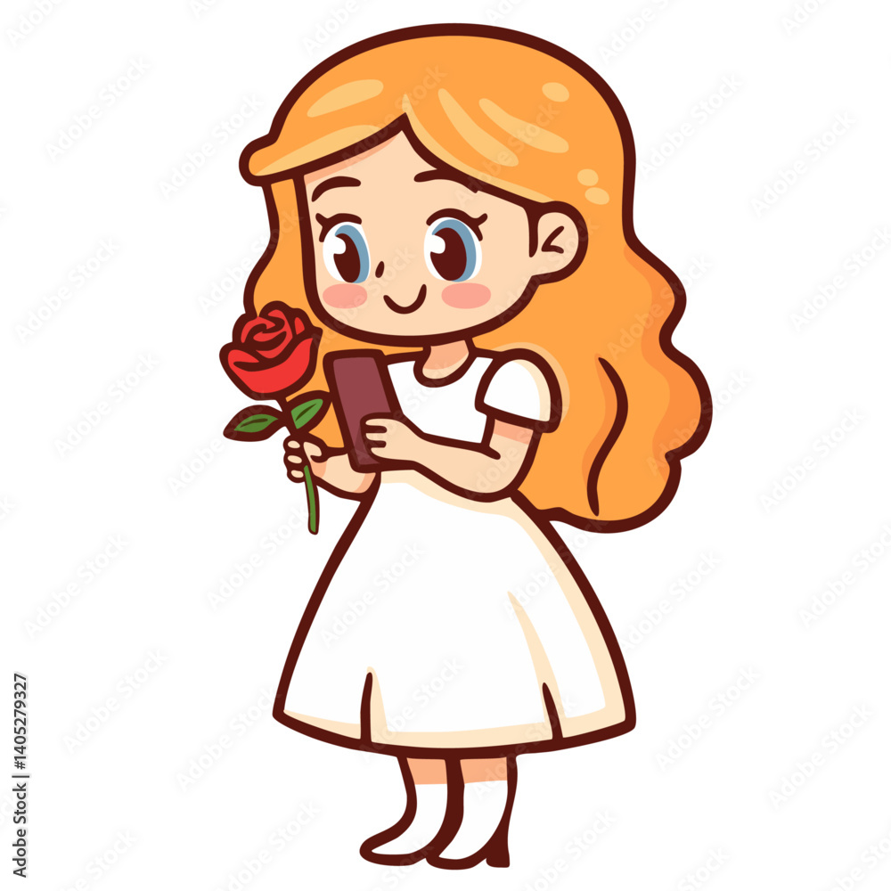 Smiling ginger girl in white dress holding rose flower and texting on smartphone, romantic woman going dating, doodle cartoon character clip art, kawaii isolated cute simple vector illustration Smiling ginger girl in white dress holding rose flower and texting on smartphone, romantic woman going dating, doodle cartoon character clip art, kawaii isolated cute simple vector illustration