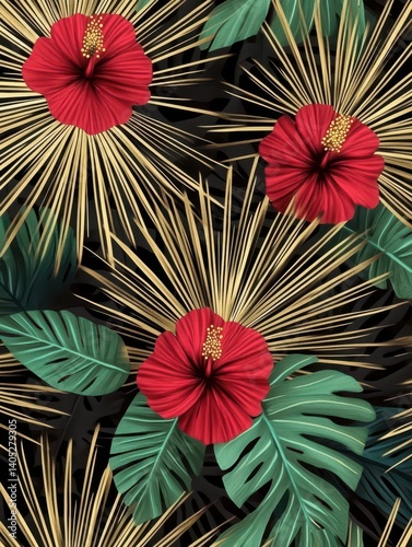 Elegant tropical wedding invitation with hibiscus flowers and gold accents 