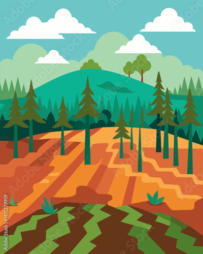 The once dense forest now reduced to acres of land cleared for manufacturing purposes.. Vector illustration