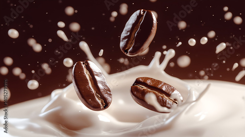 Coffee Bean Splash: Witness the dynamic interplay of coffee beans and creamy milk as they collide, frozen in a moment of invigorating freshness and a splash of caffeine.