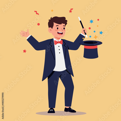 A cheerful magician in a tuxedo performing magic tricks with a top hat and wand in a playful, colorful flat vector illustration