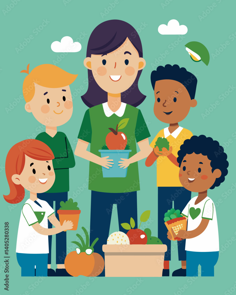 An educational program for schools that teaches students about sustainable food practices and ways to reduce food waste in their homes.. Vector illustration An educational program for schools that teaches students about sustainable food practices and ways to reduce food waste in their homes.. Vector illustration