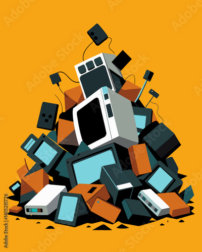 A pile of broken and obsolete electronics a result of societys constant hunger for the latest technology.. Vector illustration