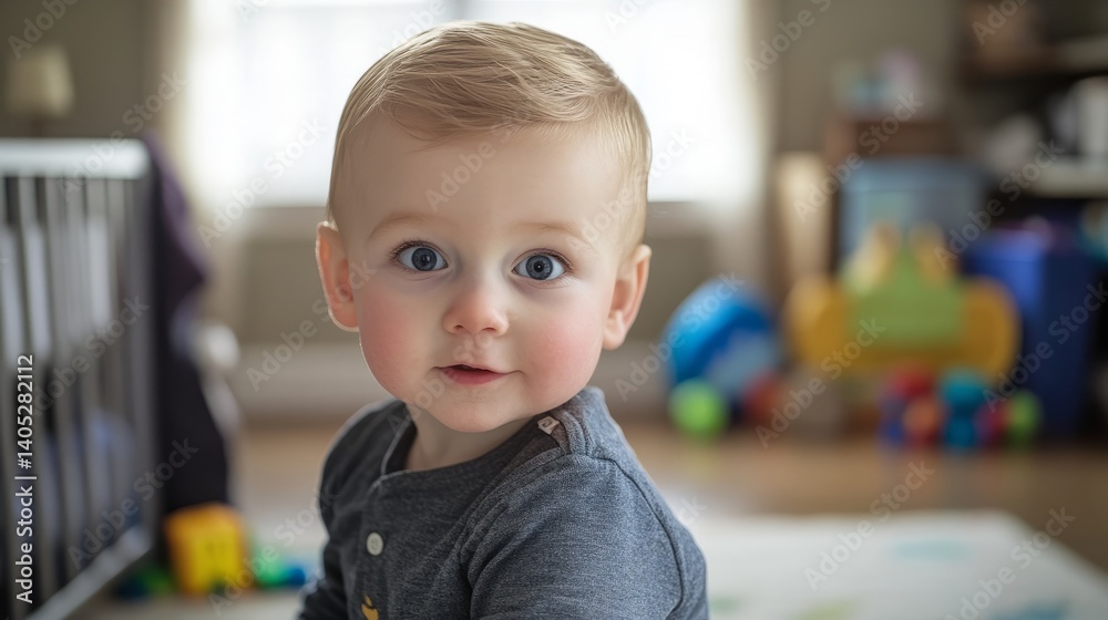 Curious baby boy exploring his nursery, surrounded by colorful toys. Innocence and wonder in early childhood discovery.
Curious baby boy exploring his nursery, surrounded by colorful toys. Innocence and wonder in early childhood discovery.