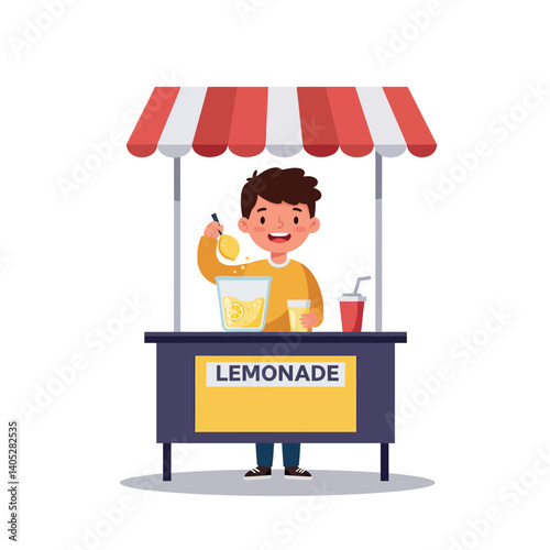 A cheerful boy serving lemonade at a colorful stand with a striped awning in a bright and playful flat vector art
