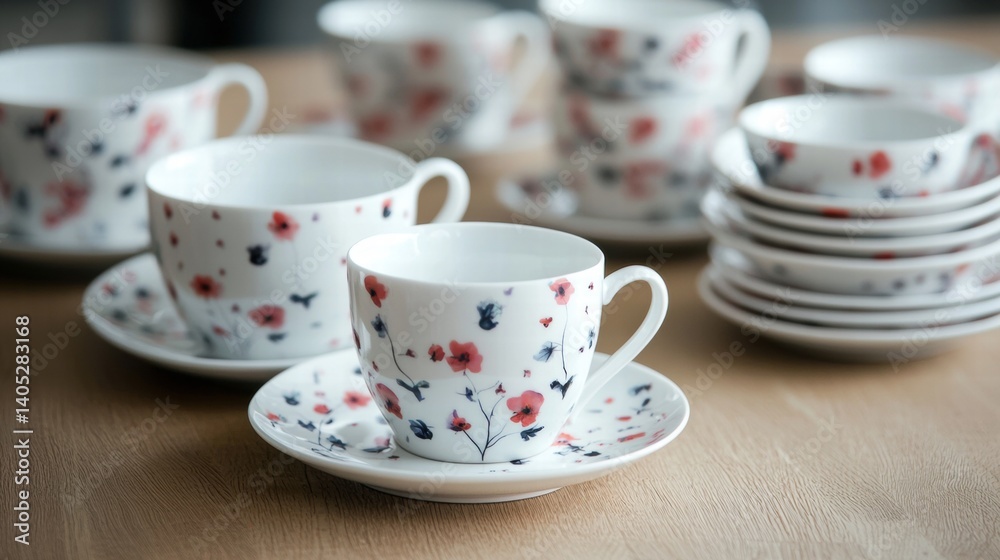 A collection of white teacups and saucers with a floral pattern, arranged on a wooden table.