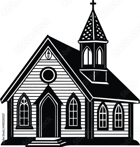 Church House Silhouette Black Vector | Religious, Historic & Building Scene