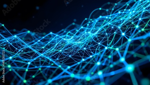 A mesmerizing cosmic network of glowing blue and green energy pulses, creating a dynamic, interconnected landscape of light.