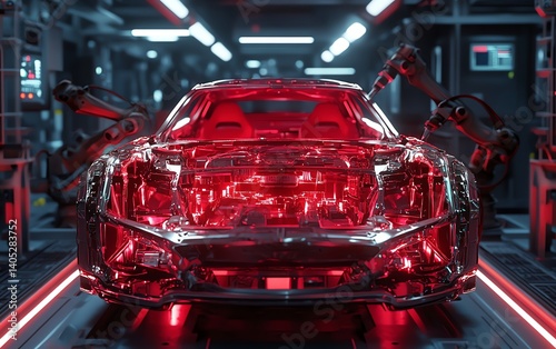 Red car in automated factory assembly line.
